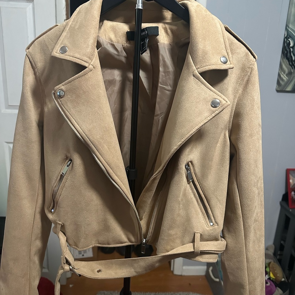 Forever 21 Women’s Ultra Suede Cropped Motto Jacket Taupe Size Large